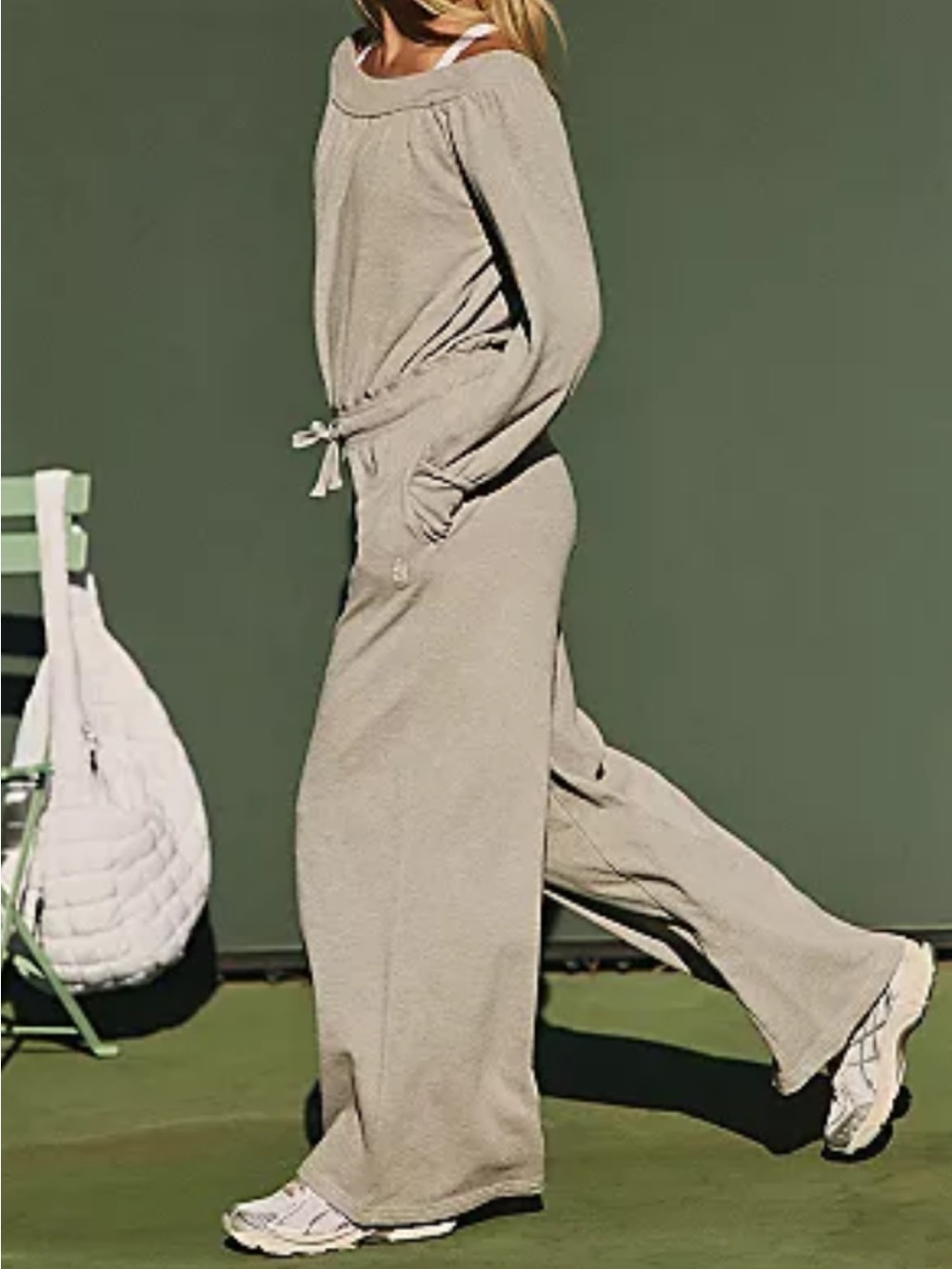Free People Wide-Leg Knit Drawstring Pantsuit in Taupe